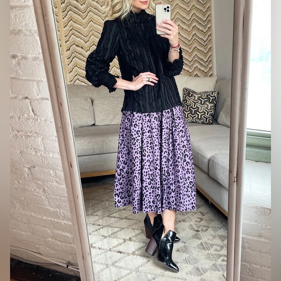 BURU Smocked Waist MIDI Skirt in Purple Cheetah, NWT - Picture 3 of 6